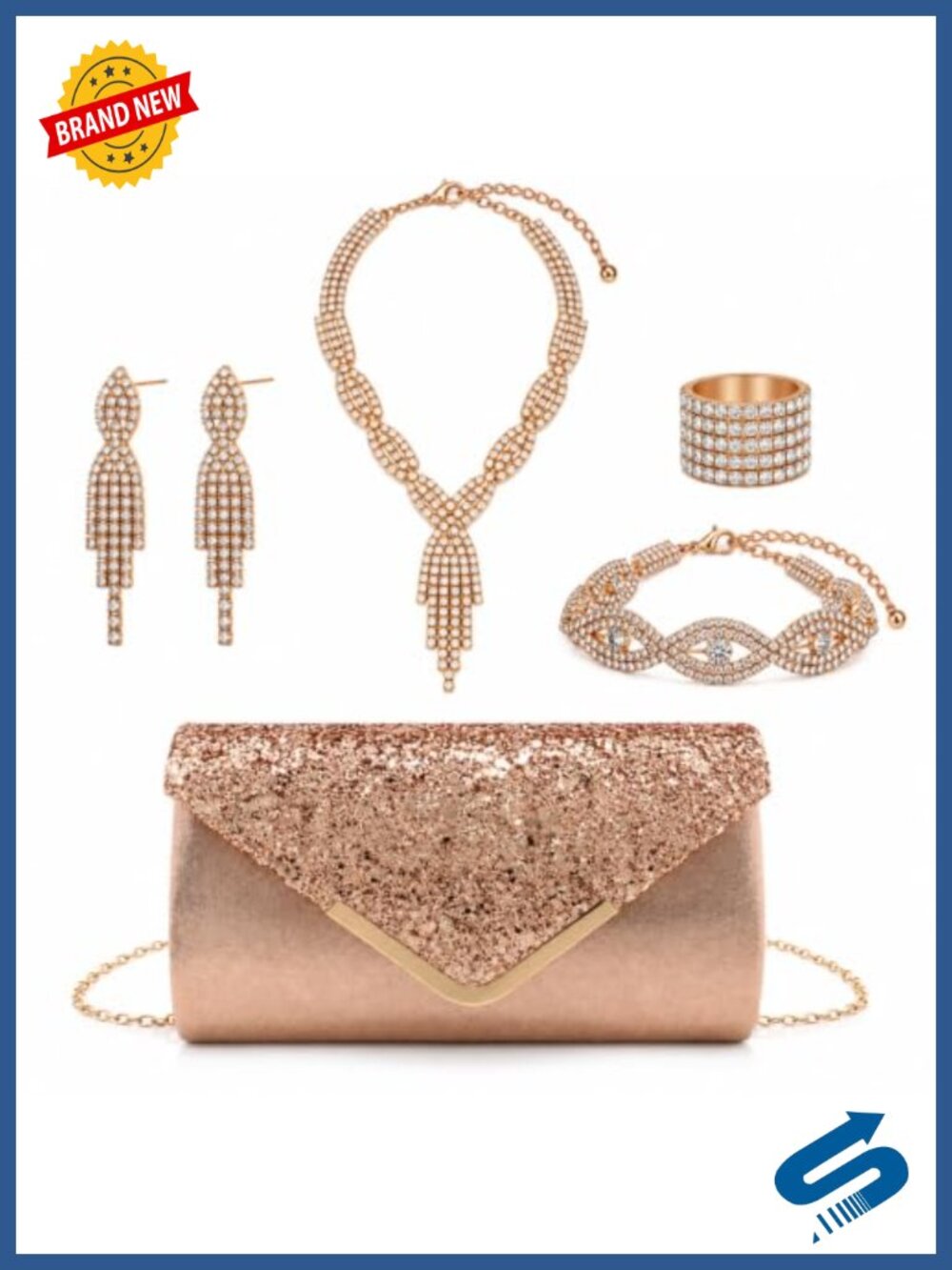 5-Piece Evening Clutch Purse & Rhinestone Jewelry Set Formal Accessories